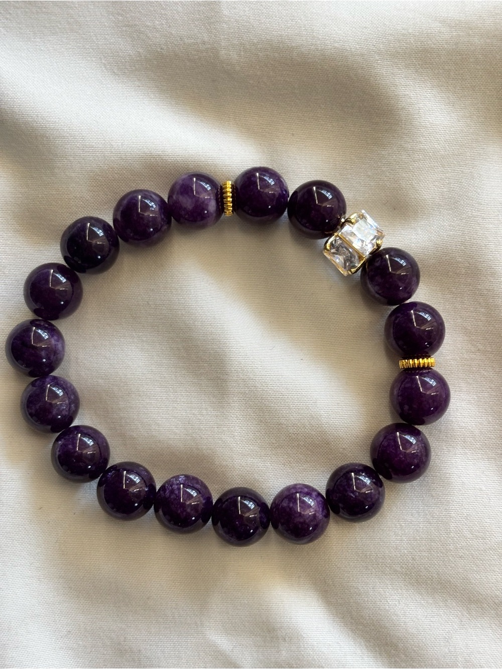 Elegant 10mm Purple Amethyst Beaded Stretch Bracelet with Crystal Accent